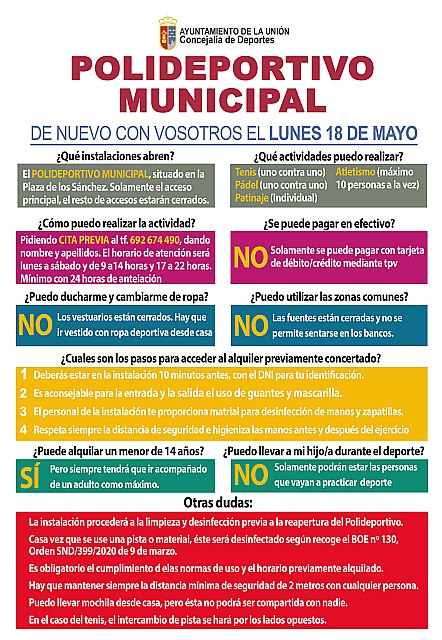 El Polideportivo Municipal abrirá a partir del lunes 18 de Mayo